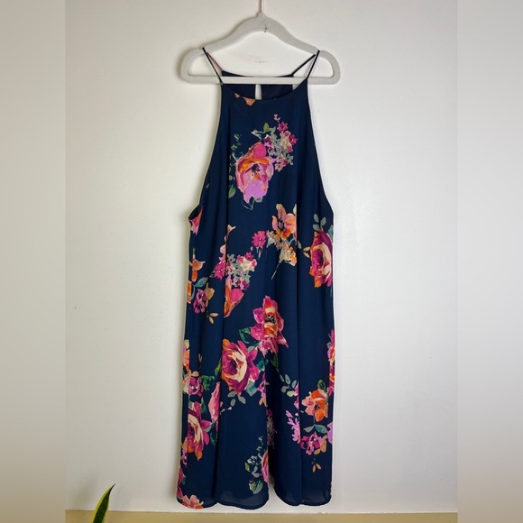 Everly Anthropologie Halter Dress M Navy Floral Fall Layering Boho Wedding Guest - Picture 5 of 10